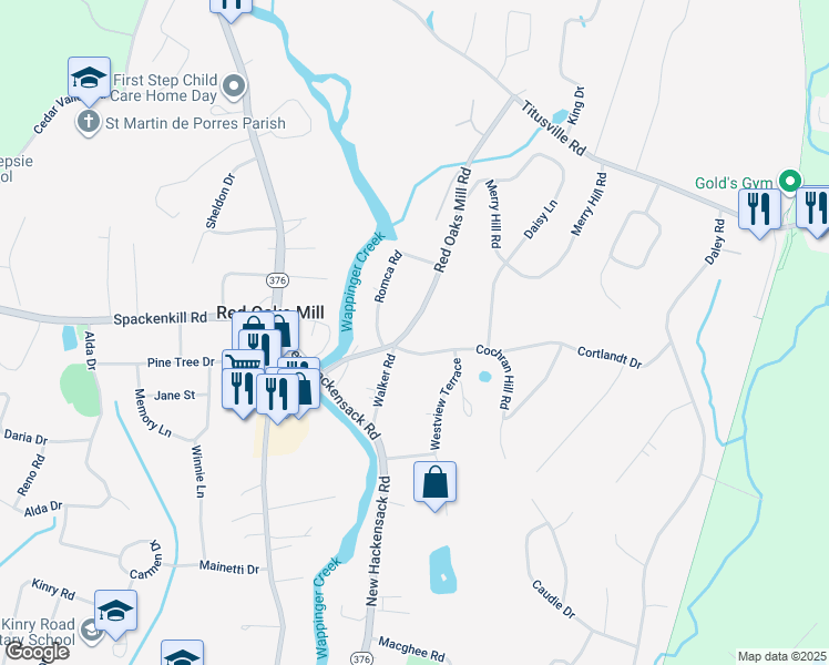 map of restaurants, bars, coffee shops, grocery stores, and more near 33 Red Oaks Mill Road in Poughkeepsie