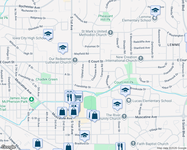 map of restaurants, bars, coffee shops, grocery stores, and more near 433 Crestview Avenue in Iowa City