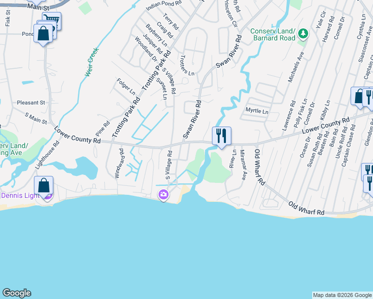 map of restaurants, bars, coffee shops, grocery stores, and more near 8 Polticki Road in Dennis