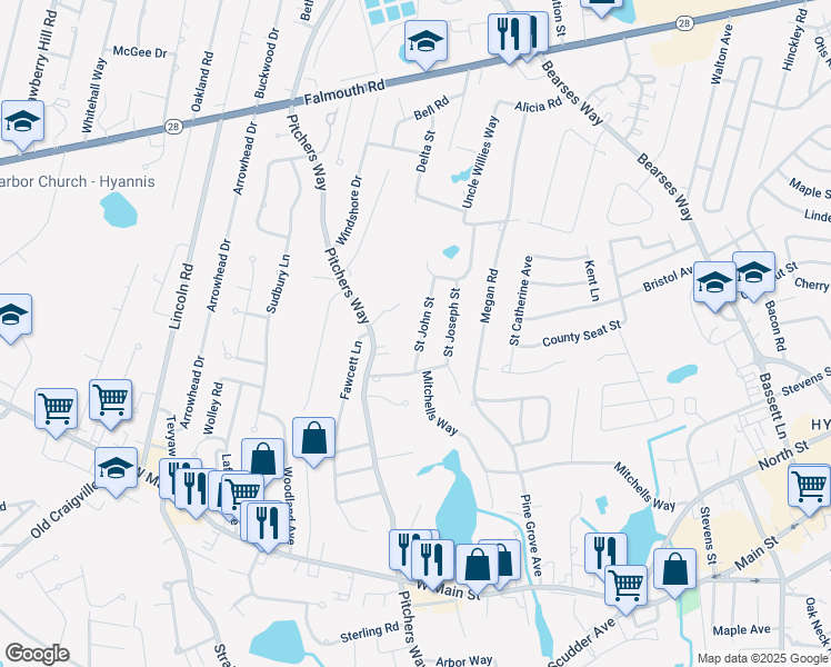 map of restaurants, bars, coffee shops, grocery stores, and more near 37 Saint John Street in Barnstable