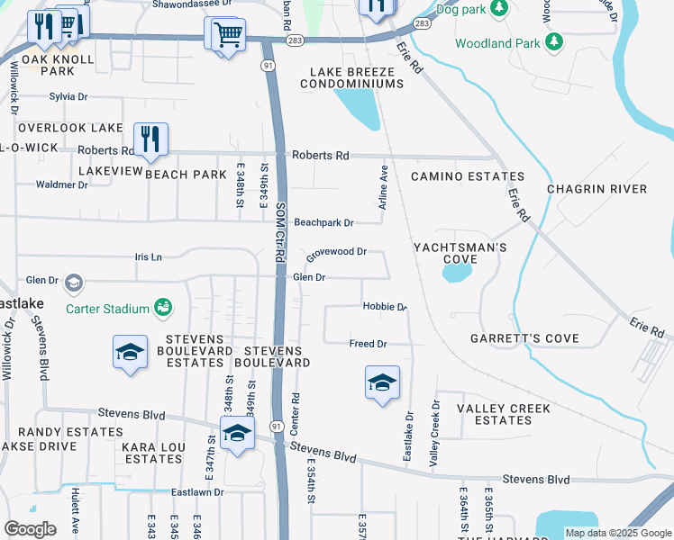 map of restaurants, bars, coffee shops, grocery stores, and more near 35489 Glen Drive in Eastlake