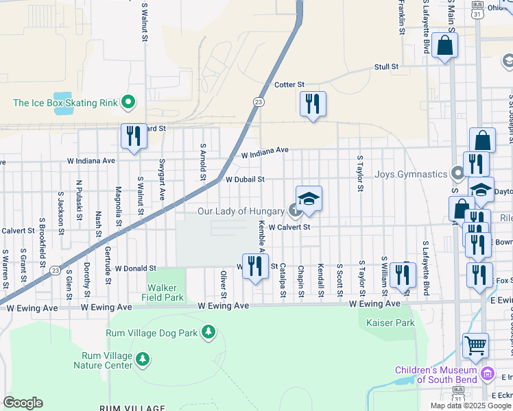 map of restaurants, bars, coffee shops, grocery stores, and more near 1815 Kemble Avenue in South Bend