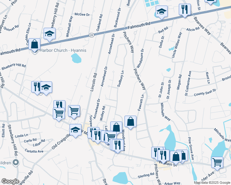 map of restaurants, bars, coffee shops, grocery stores, and more near 189 Sudbury Lane in Barnstable