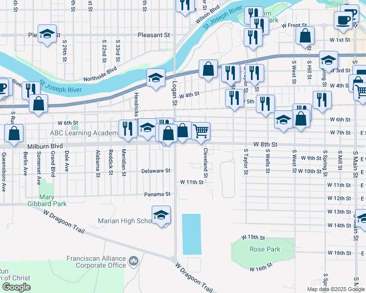 map of restaurants, bars, coffee shops, grocery stores, and more near 702 South Logan Street in Mishawaka