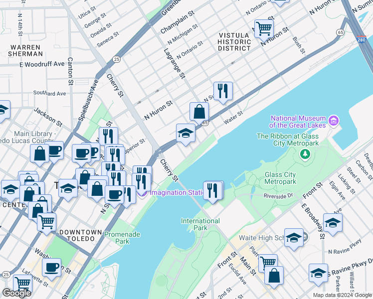 map of restaurants, bars, coffee shops, grocery stores, and more near 803 Water Street in Toledo