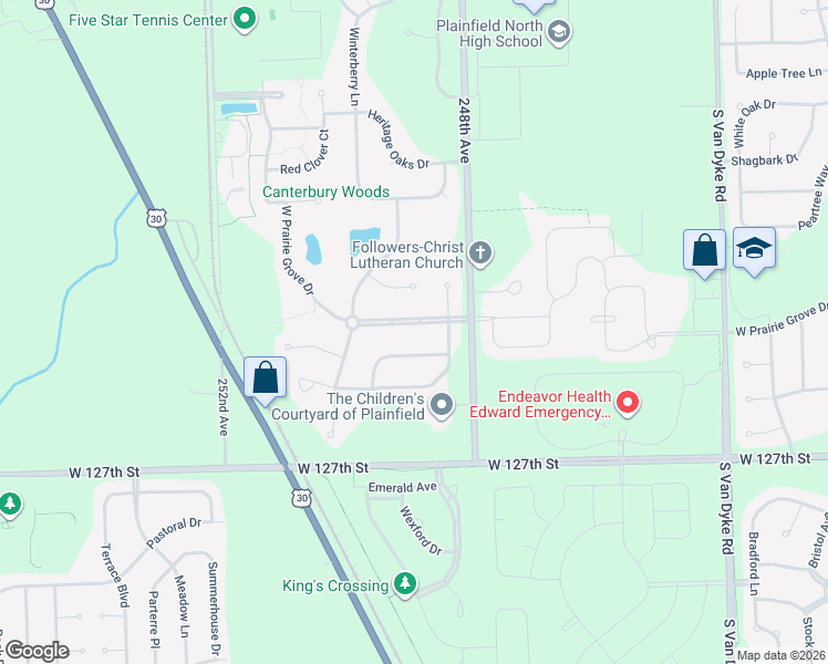 map of restaurants, bars, coffee shops, grocery stores, and more near 24817 West Prairie Grove Drive in Plainfield