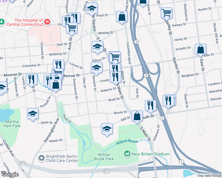 map of restaurants, bars, coffee shops, grocery stores, and more near 62 Roberts Street in New Britain