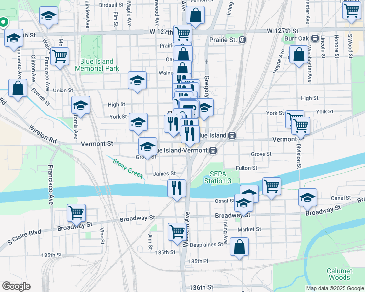 map of restaurants, bars, coffee shops, grocery stores, and more near 2409 Vermont Street in Blue Island
