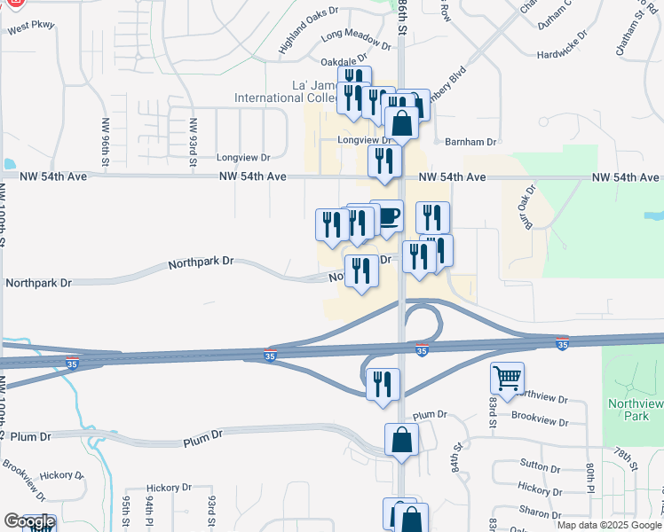 map of restaurants, bars, coffee shops, grocery stores, and more near 8851 Northpark Drive in Johnston