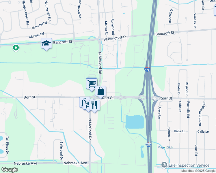 map of restaurants, bars, coffee shops, grocery stores, and more near 6628 Dorr Street in Toledo