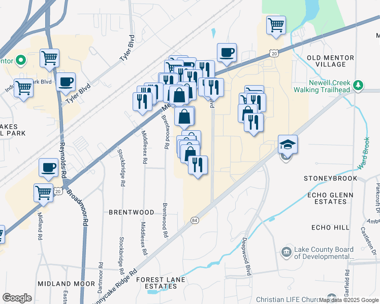 map of restaurants, bars, coffee shops, grocery stores, and more near 7960 Plaza Boulevard in Mentor
