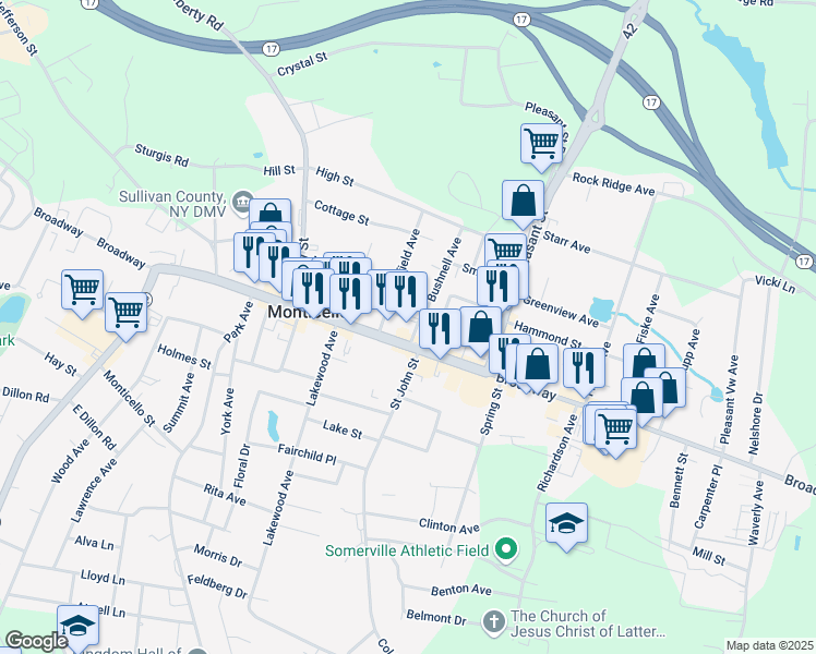 map of restaurants, bars, coffee shops, grocery stores, and more near 5 Bank Street in Monticello