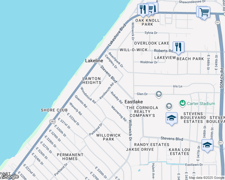 map of restaurants, bars, coffee shops, grocery stores, and more near 667 Rokeby Road in Eastlake