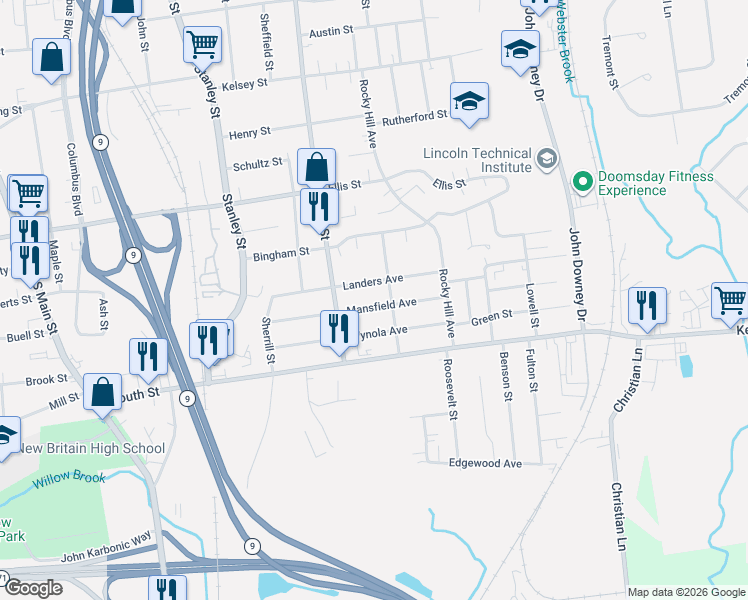 map of restaurants, bars, coffee shops, grocery stores, and more near 130 Mansfield Ave in New Britain