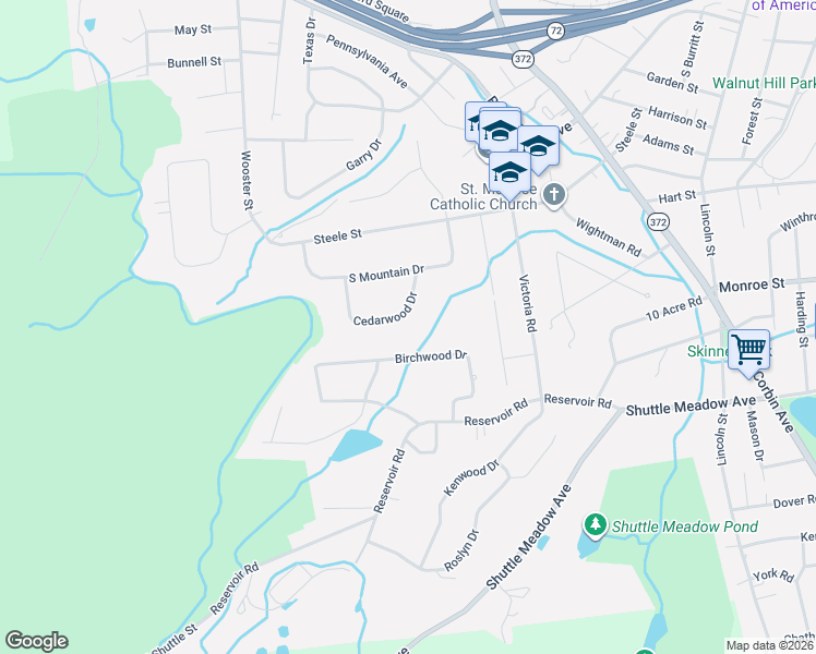 map of restaurants, bars, coffee shops, grocery stores, and more near 50 Cedarwood Drive in New Britain