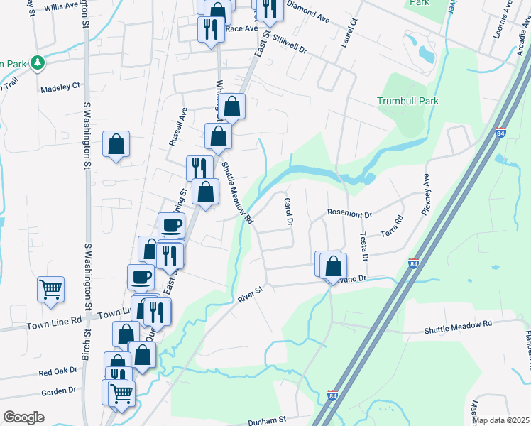 map of restaurants, bars, coffee shops, grocery stores, and more near 19 Carol Drive in Plainville