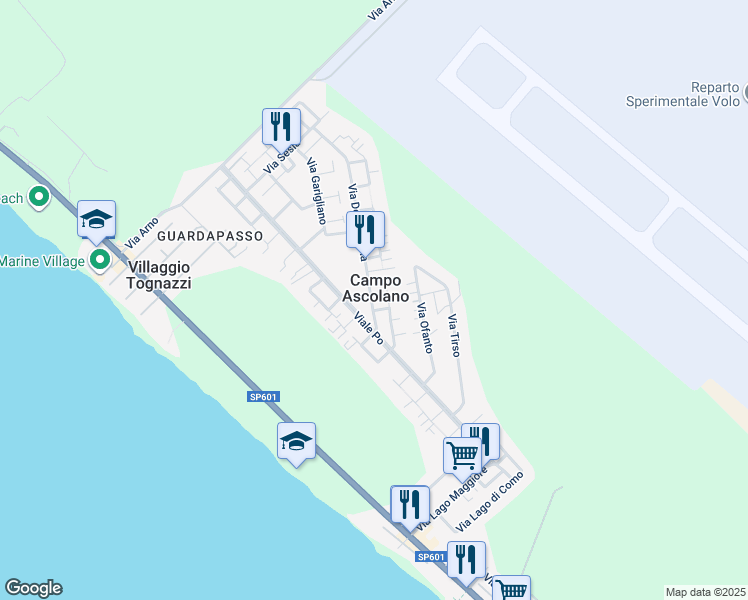 map of restaurants, bars, coffee shops, grocery stores, and more near 26 Via Dora Riparia in Torvaianica