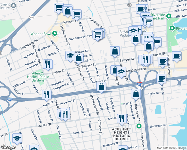 map of restaurants, bars, coffee shops, grocery stores, and more near 568 Coggeshall Street in New Bedford