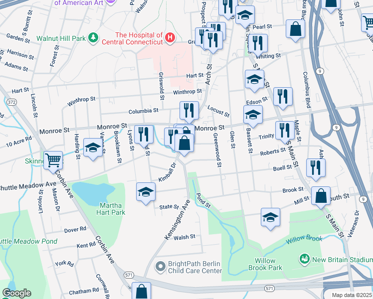map of restaurants, bars, coffee shops, grocery stores, and more near 51 Andrews Street in New Britain