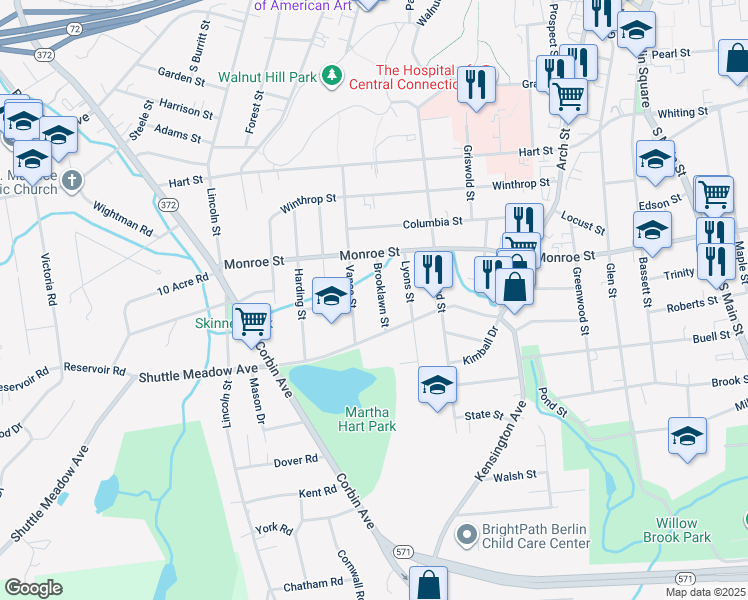 map of restaurants, bars, coffee shops, grocery stores, and more near 162 Vance Street in New Britain