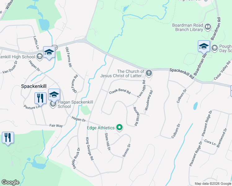 map of restaurants, bars, coffee shops, grocery stores, and more near 13 Creek Bend Road in Poughkeepsie