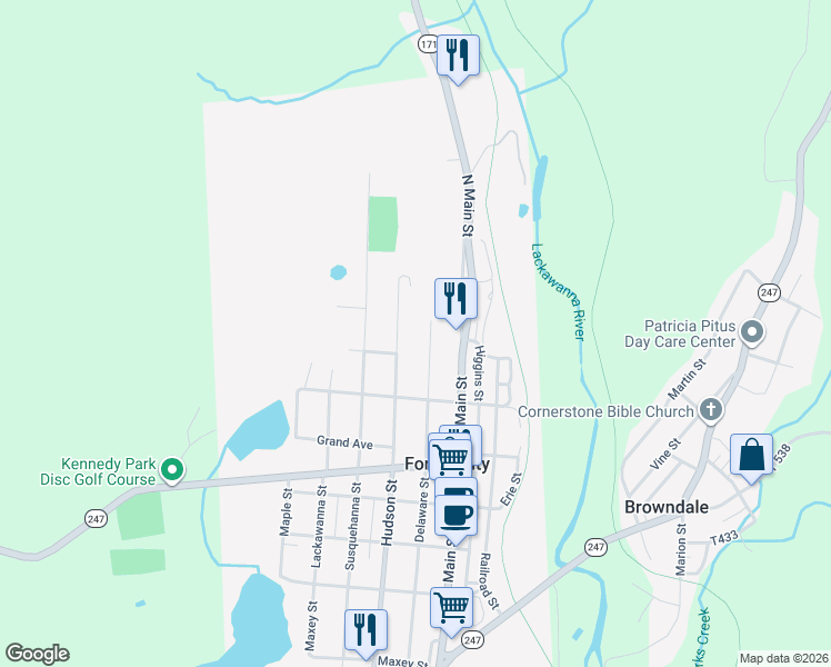 map of restaurants, bars, coffee shops, grocery stores, and more near 911 Delaware Street in Forest City
