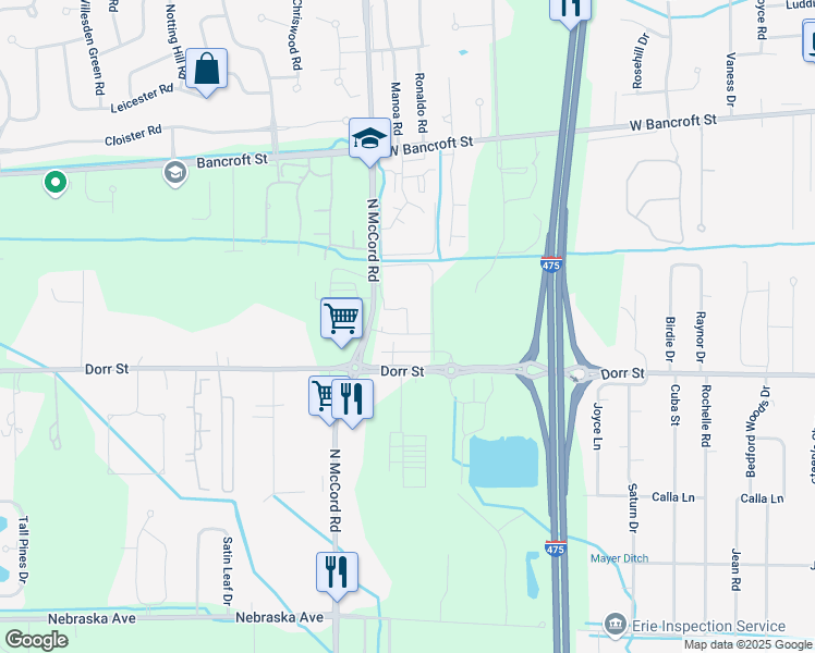 map of restaurants, bars, coffee shops, grocery stores, and more near 6628 Dorr Street in Toledo