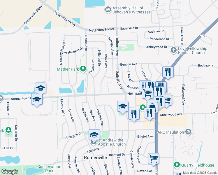 map of restaurants, bars, coffee shops, grocery stores, and more near 707 Lily Lane in Romeoville
