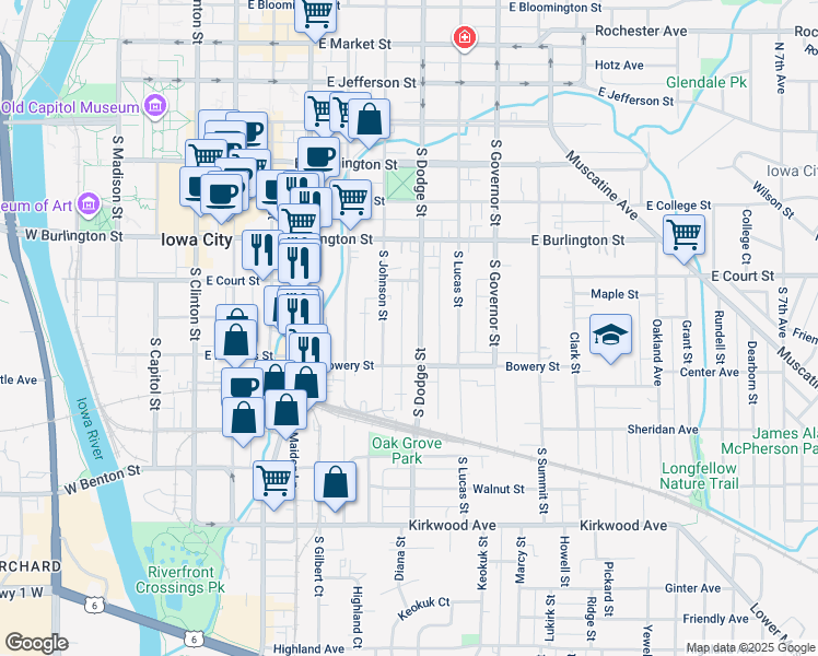 map of restaurants, bars, coffee shops, grocery stores, and more near 510 South Johnson Street in Iowa City