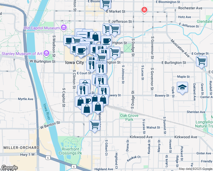 map of restaurants, bars, coffee shops, grocery stores, and more near 16 South Gilbert Street in Iowa City