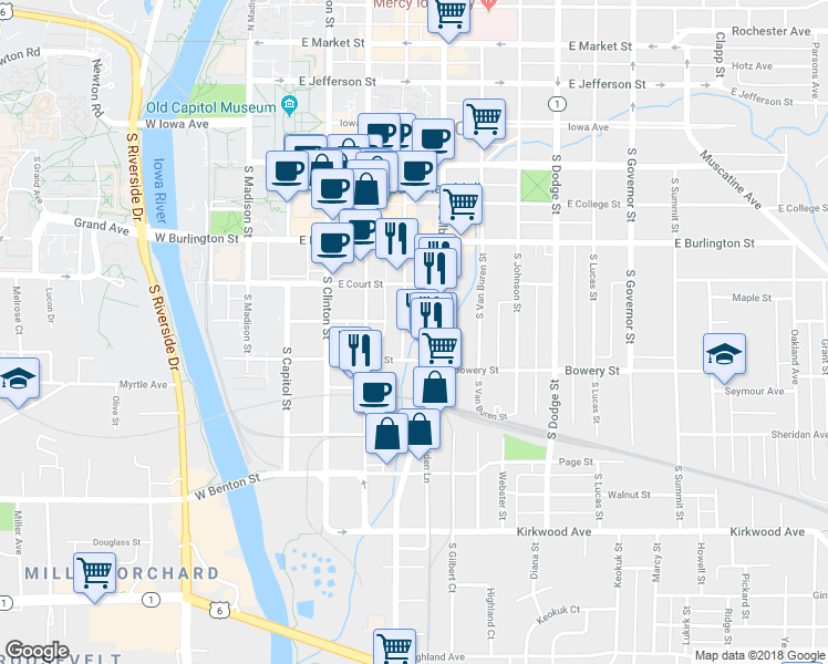 map of restaurants, bars, coffee shops, grocery stores, and more near 518 South Linn Street in Iowa City
