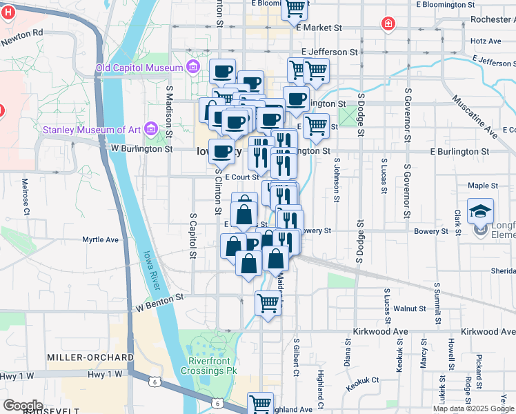 map of restaurants, bars, coffee shops, grocery stores, and more near 518 South Linn Street in Iowa City