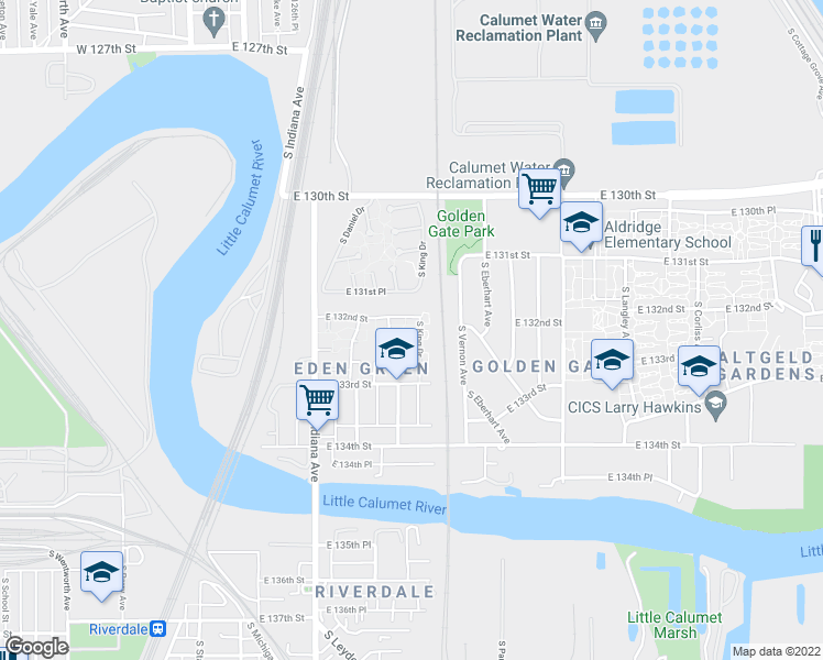 map of restaurants, bars, coffee shops, grocery stores, and more near 320 East 132nd Place in Riverdale
