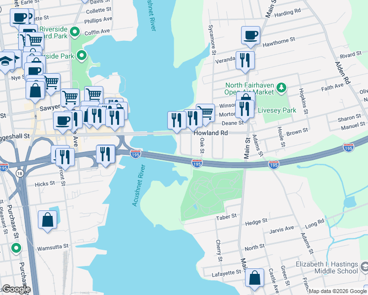map of restaurants, bars, coffee shops, grocery stores, and more near 23 Beach Street in Fairhaven