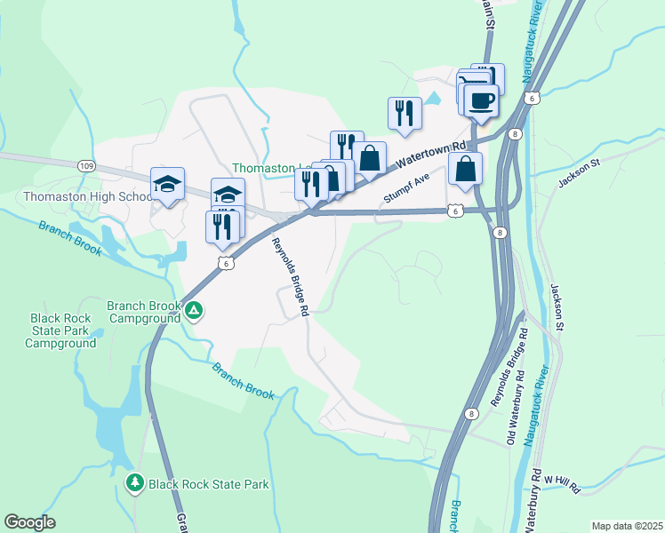 map of restaurants, bars, coffee shops, grocery stores, and more near 197 Pine Hill Road in Thomaston