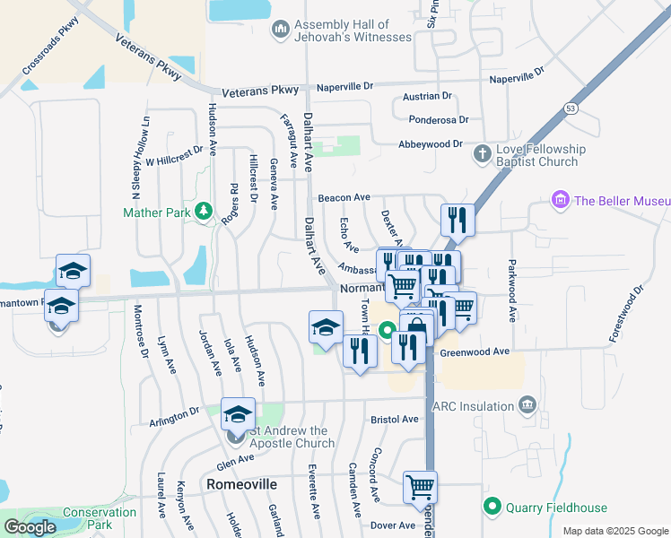 map of restaurants, bars, coffee shops, grocery stores, and more near 115 Ambassador Avenue in Romeoville