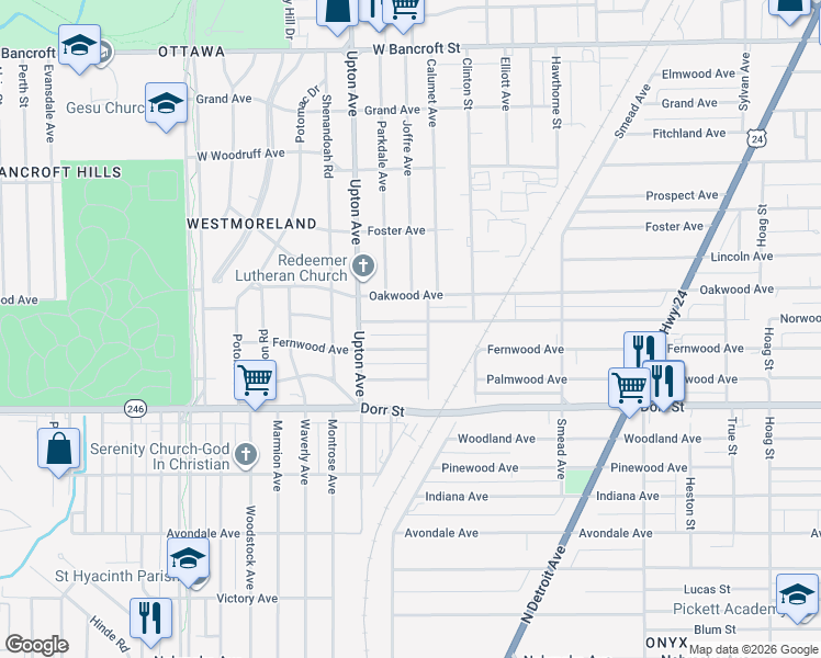 map of restaurants, bars, coffee shops, grocery stores, and more near 1804 Fernwood Avenue in Toledo