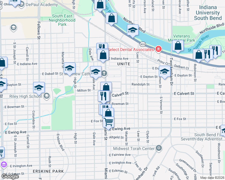 map of restaurants, bars, coffee shops, grocery stores, and more near 1137 East Calvert Street in South Bend