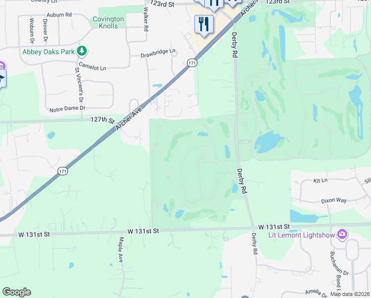 map of restaurants, bars, coffee shops, grocery stores, and more near 28 Lahinch in Lemont