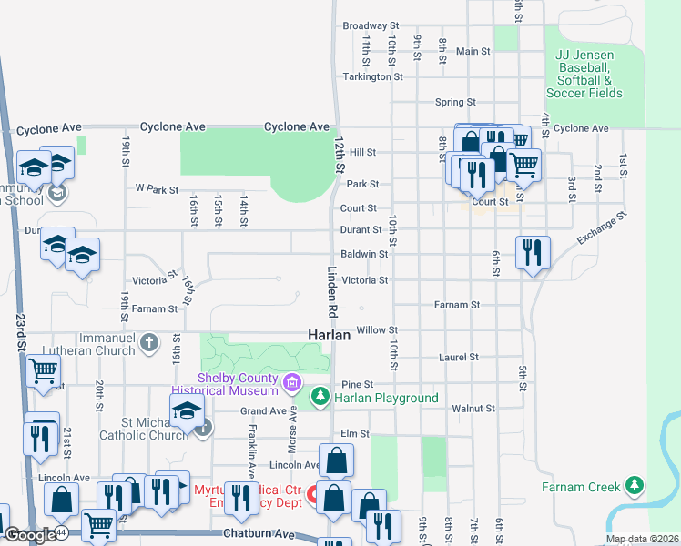 map of restaurants, bars, coffee shops, grocery stores, and more near 1311 12th Street in Harlan