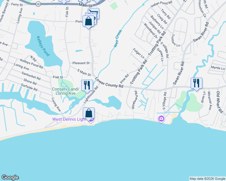 map of restaurants, bars, coffee shops, grocery stores, and more near 37 Lower County Road in Dennis