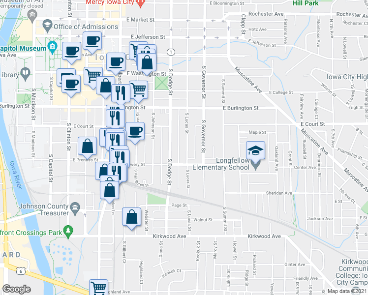 map of restaurants, bars, coffee shops, grocery stores, and more near 511 South Lucas Street in Iowa City