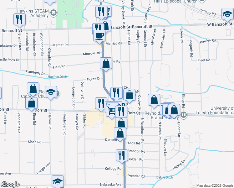 map of restaurants, bars, coffee shops, grocery stores, and more near 5214 Brandel Cir in Toledo