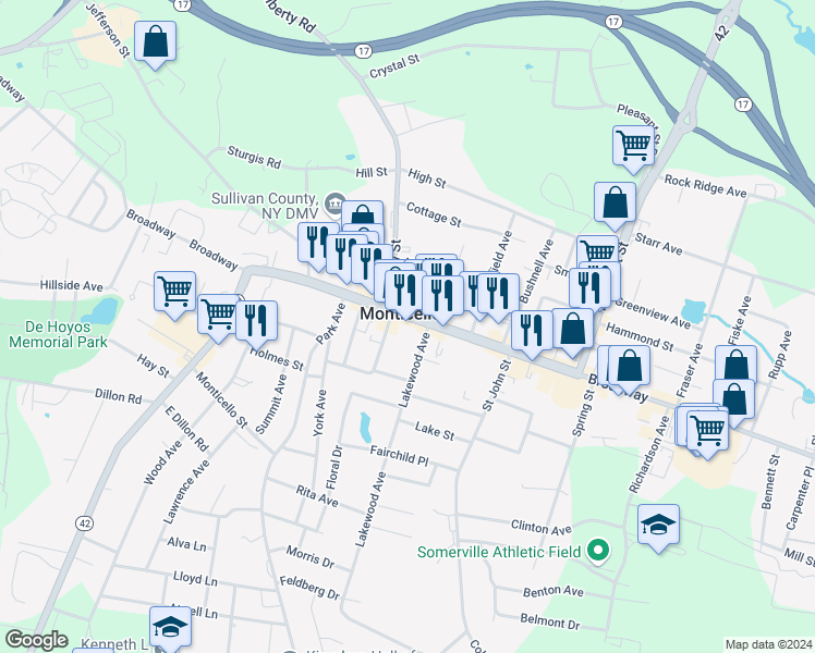 map of restaurants, bars, coffee shops, grocery stores, and more near 475 Broadway in Monticello