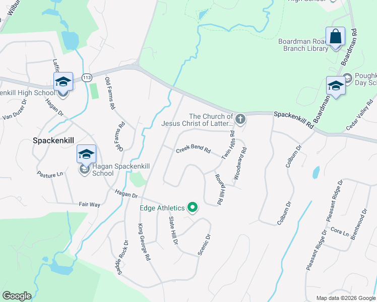 map of restaurants, bars, coffee shops, grocery stores, and more near 13 Creek Bend Road in Poughkeepsie