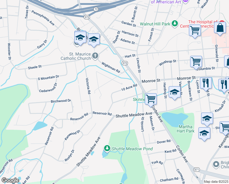 map of restaurants, bars, coffee shops, grocery stores, and more near 105 10 Acre Road in New Britain