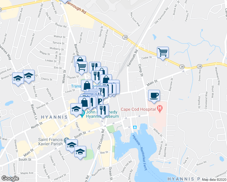 map of restaurants, bars, coffee shops, grocery stores, and more near 242 Main Street in Barnstable