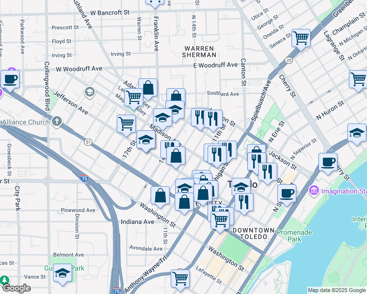map of restaurants, bars, coffee shops, grocery stores, and more near 13th Street in Toledo