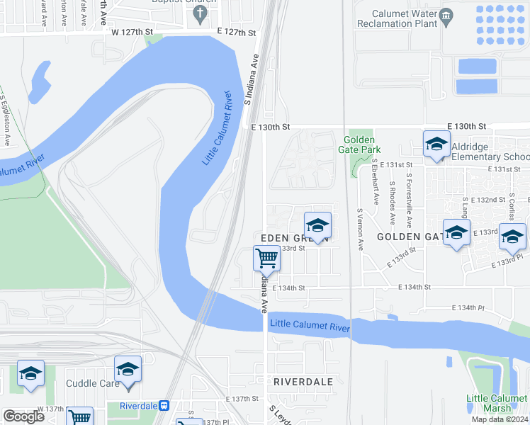 map of restaurants, bars, coffee shops, grocery stores, and more near 13216 South Indiana Avenue in Chicago