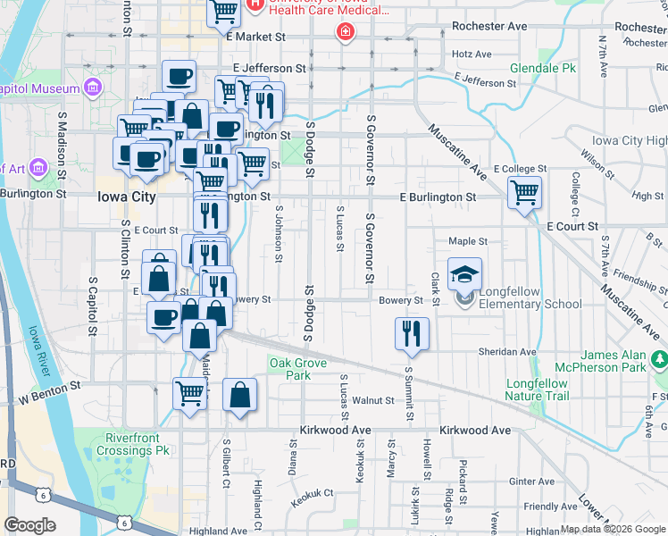 map of restaurants, bars, coffee shops, grocery stores, and more near 511 South Lucas Street in Iowa City